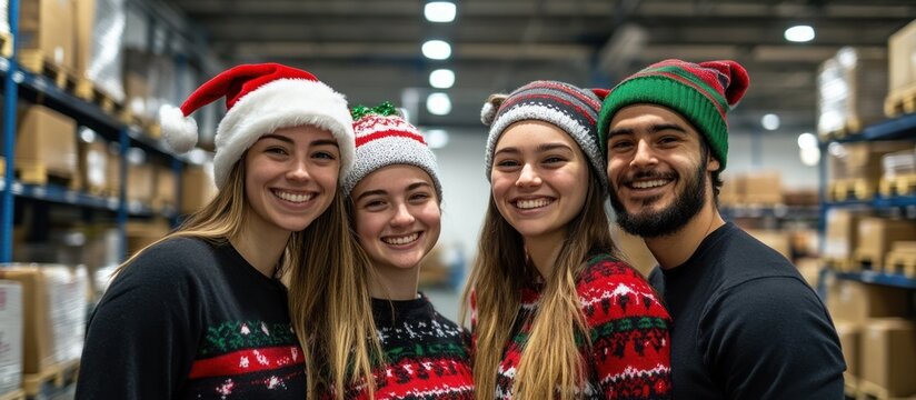 Four smiling young adults in festive holiday attire