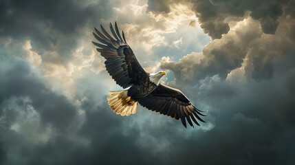 Obraz premium Eagle Soaring Through a Dramatic Cloudy Sky: A Majestic Flight