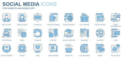 Social media web icons set in duotone line design. Pack of male or female avatar, follow, content sharing, network, wifi hotspot, photo tagging, other outline stroke pictograms. Vector illustration