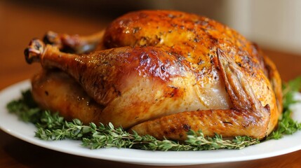Roasted Turkey with Thyme Garnish on a White Plate