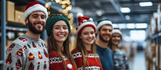 Festive coworkers in warehouse spreading holiday cheer