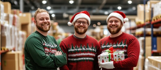 Lively trio in Christmas sweaters at warehouse