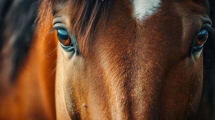 extreme closeup of horse eyes with captivating front view animal portrait with copy space banner digital illustration