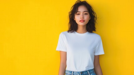 Obraz premium fashion template showcase young woman modeling plain white tshirt against vivid yellow backdrop clean lines and minimalist styling highlight versatile garment design