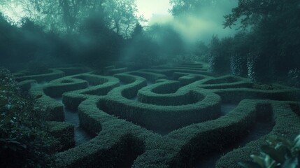 Haunted Garden Maze, an eerie labyrinth filled with unsettling surprises, overgrown hedges shrouded in mist, shadows lurking around corners, creating an atmosphere of suspense and mystery