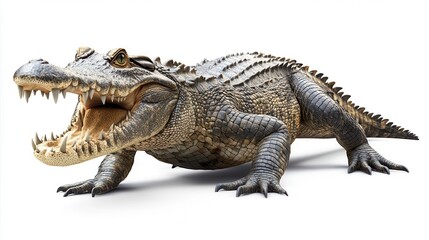 Fototapeta premium fearsome crocodile isolated on pure white background highly detailed scales powerful jaws and piercing eyes photorealistic rendering showcasing the reptiles prehistoric features