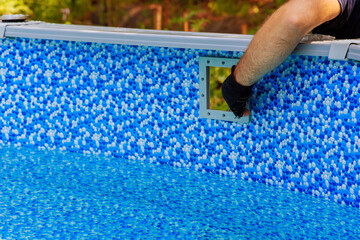 Swimming pool maintenance installed on frame skimmer basket collects dirt trash using filtration...