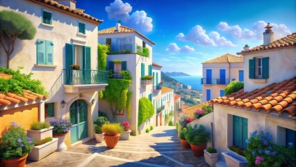 Fototapeta premium Whitewashed houses with bright blue shutters and ornate iron balconies line the cobblestone streets of a picturesque Provençal town, surrounded by lush greenery and a distant Mediterranean Sea.
