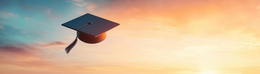 Digital cap flying through a virtual university sky, celebration scene, 3D illustration