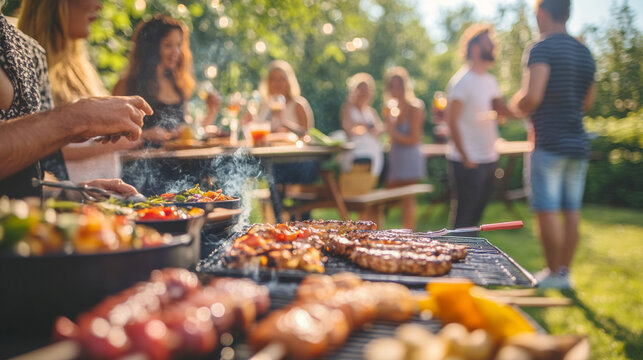 Group of diverse friends having outdoor barbecue party with food and drinks in garden