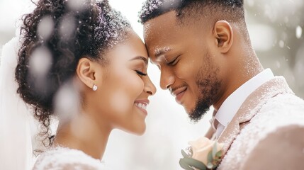 Bride and groom in holidaythemed attire, exchanging vows in a winter wonderland setting, softly falling snow
