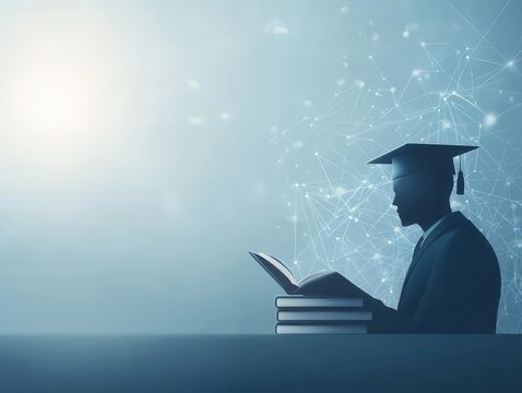 Virtual university with students in graduation attire, online education, 3D illustration