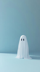 Cute white ghosts on minimalist color background with copy space