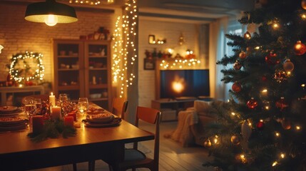 festive christmas dinner table in cozy living room warm glow from fairy lights and decorated tree rich colors inviting atmosphere traditional holiday elements with modern touches