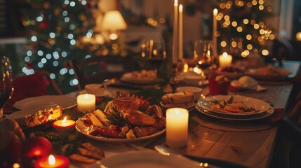 festive christmas dinner table laden with traditional holiday dishes warm candlelight illuminating a cozy family gathering