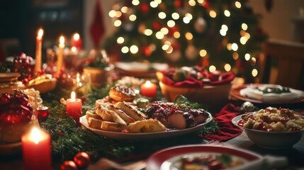 festive christmas dinner table overflowing with gourmet dishes elaborate holiday decorations warm candlelight glimpse of decorated tree in background inviting and luxurious ambiance