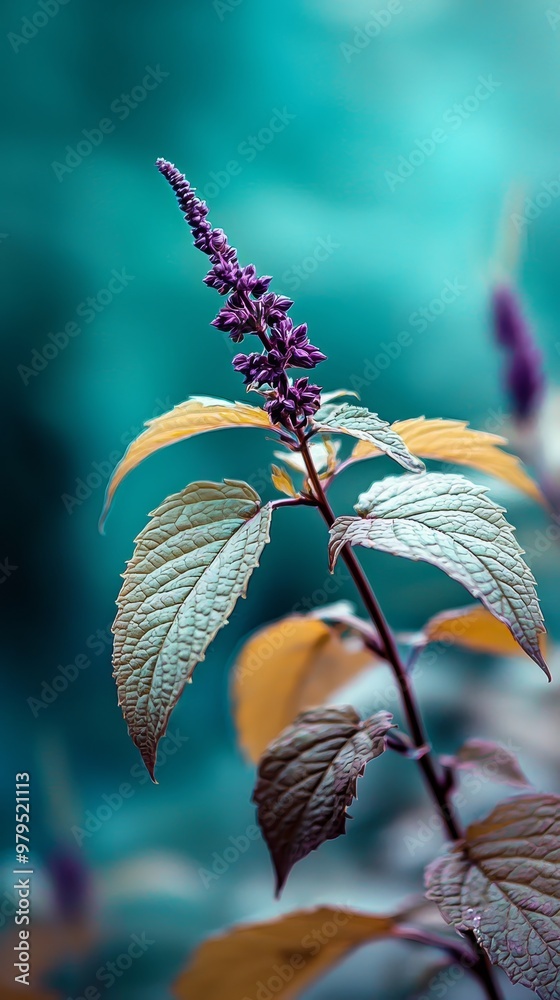 Canvas Prints a tight shot of a purple blossom on a leafy branch against a backdrop of tranquil, blue water