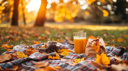 A Glass of Orange Juice on a Plaid Blanket Amidst Autumn Leaves