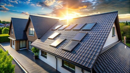 Sleek black solar roof tiles blending seamlessly into modern architecture, emphasizing urban eco-friendliness, captured in crisp morning light with high contrast and sharp focus.