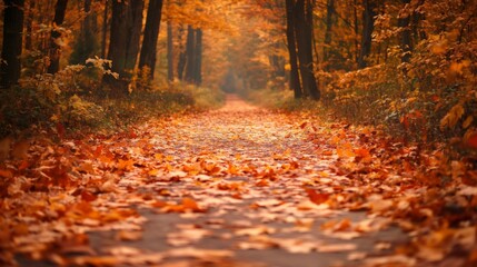 Fototapeta premium A Pathway Through a Forest Covered in Fallen Autumn Leaves