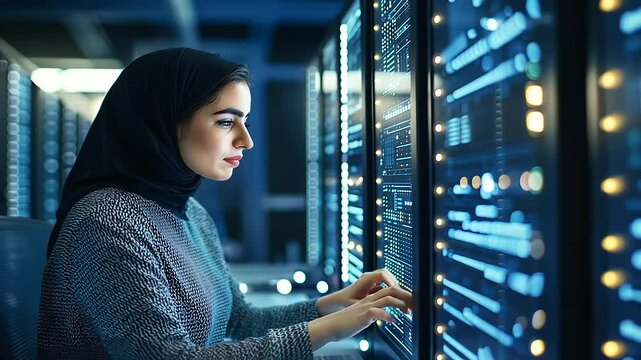 Middle Eastern woman with a disability working as an ethical hacker, deeply engaged in analyzing AI cyber security risks in a dimly lit data center, representing the intersection 