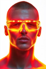 Man illuminated by bold red-orange futuristic glow