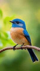 Obraz premium A small blue-and-orange bird perches on a tree branch's twig against a backdrop of green leaves