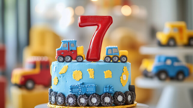 Colorful fun car truck-themed 7th Birthday Cake with Red Number Seven Topper for Children's happy bday Party