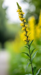 Fototapeta premium A tight shot of a yellow bloom against a backdrop of indistinct yellow flowers, its surrounding greenery comprised of clear-cut green leaves
