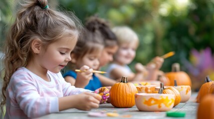 Fototapeta premium Children Decorating Pumpkins with Paint and Brushes