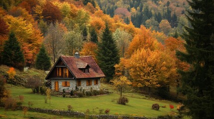 Stone Cottage Nestled in Autumnal Forest