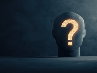 Geometric human head with a glowing digital question mark, tech mystery theme, 3D illustration