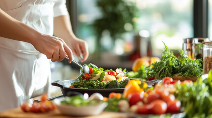 A vibrant top-down view of a wooden bowl filled with fresh, colorful vegetables, including cherry tomatoes, spinach, and bell peppers, held by two hands. Surrounding the bowl are an assortment of vari
