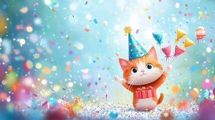 A whimsical cartoon illustration featuring a playful cat emerging from a magician's hat, delightfully pulling vibrant birthday surprises amidst a dazzling explosion of colors and sparkles.