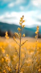 Obraz premium A tight shot of a plant bearing yellow blooms in the foreground contrasts with a blue sky dotted with clouds in the background