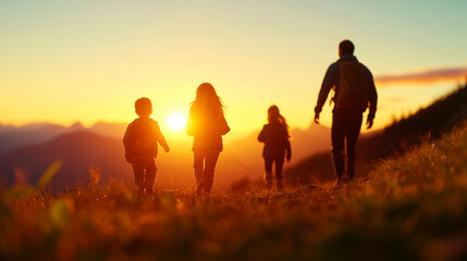 A family on a sunrise hike celebrating the summer solstice, walking along a ridge with the first golden rays of sunlight shining on them. The children run ahead while the parents f