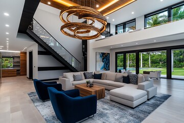 A chandelier with a mix of wood and metal, suspended in a modern coastal home, complementing light, airy decor