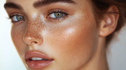 Naklejka premium Close-up of a woman's face with freckles and natural makeup.