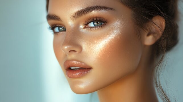 Close-up portrait of a young woman with freckles and natural makeup.