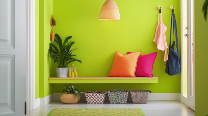 A lively entryway with lime green walls, a hanging light fixture, a vibrant doormat, and a bench with patterned storage baskets underneath