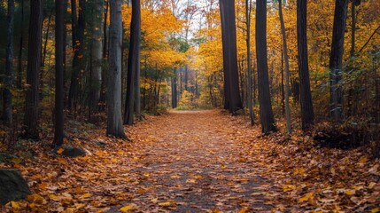 Obraz premium Path Through Autumn Forest with Golden Leaves