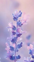  A tight shot of a purple flower, dewdrops glistening on its petals, backdrop softly blurred