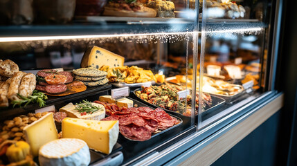 A display case filled with various cheeses, cured meats, finger foods, and salads, offering a selection of gourmet deli products in a well-lit environment.