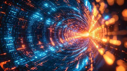 A Glimpse into the Future: A Vibrant Tunnel Illuminated by Glowing Network Nodes and Pulsing Energy. Abstract Tunnel Background