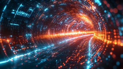 Obraz premium A Dazzling Journey Through a Glowing Digital Tunnel of Lights and Data Streams Awaiting Discovery. Abstract Tunnel Background