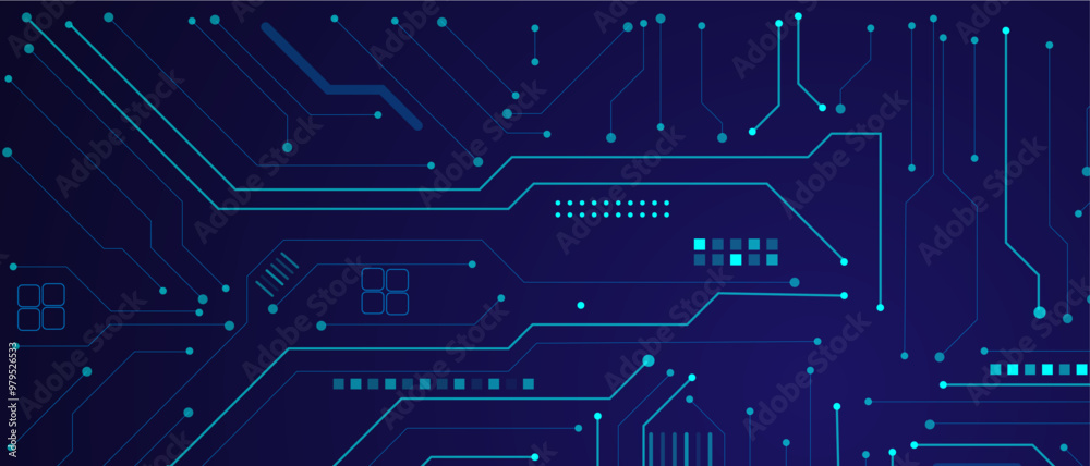 Poster Vector illustration fantastic digital technology. Technology lines circuit and dots on blue background, circuit board network connection.