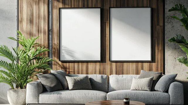 Elegant living room in modern design with natural elements featuring a cozy sofa, wooden accents, and empty frames for artwork