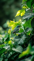 Obraz premium A small bird sits on a branch, surrounded by green foliage in the foreground The background softly blurs