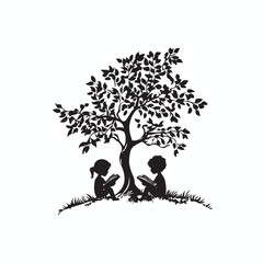 kids reading book under the tree vector logo