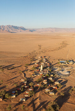 Aerial view of The Sossusvlei Lodge in Sesriem at the edge of the Namib Desert. Aerial view. Namib-Naukluft National Park, Namibia.